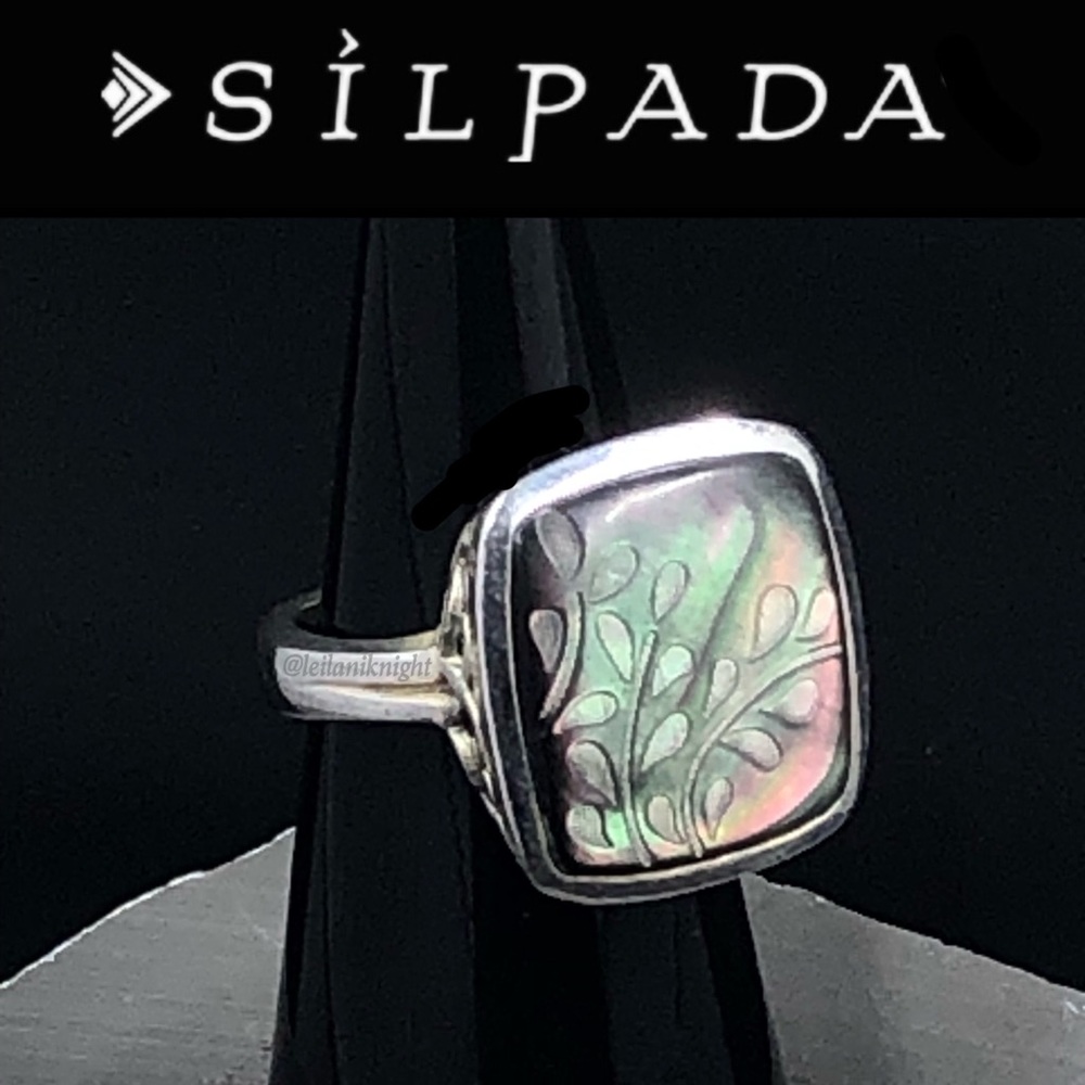 Silpada Retired Sterling Silver Etched Black Lip Shell Fern Leaf Ring